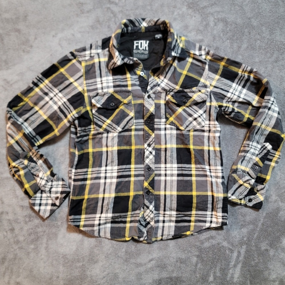 Fox Racing Flannel Shirt Mens M Black/Gray/Yellow Plaid Button-up Long Sleeve